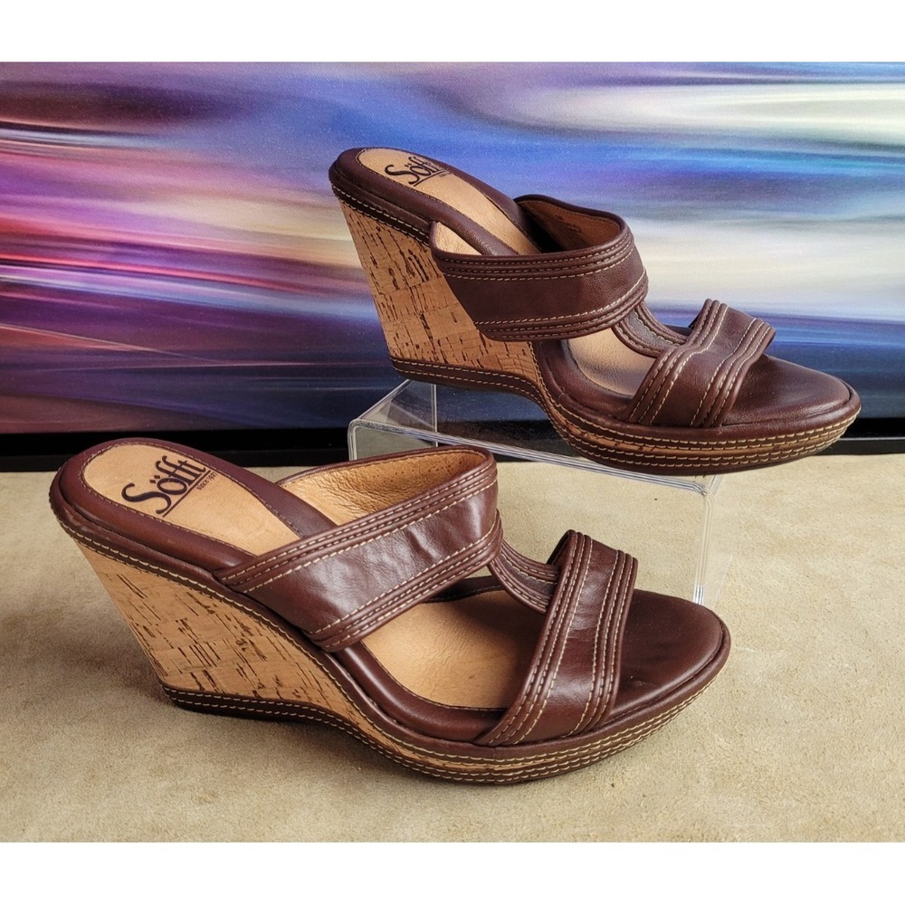 SOFFT Cork Wedge Heel Brown Leather Women's 6W Cutout Slip-On Platform Sandals